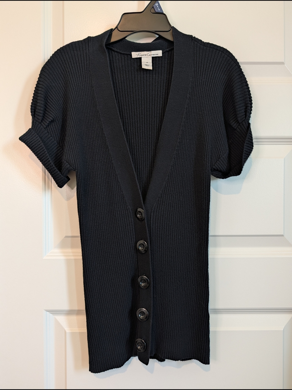 Kenneth Cole Black Ribbed Short Sleeve Button-Front Cardigan